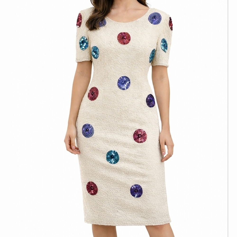 Vintage NWT Leslie Fay 100% Silk Cream & Jewel Tone Beaded Sequin Coctail Dress